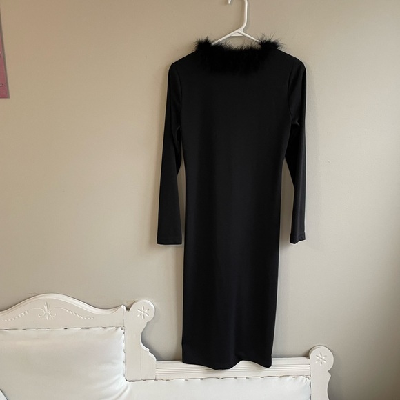 VINTAGE BLACK COVER UP MARABOU FUR TRIM COLLAR TIES LONG SLEEVE LA BELLE - Picture 11 of 12